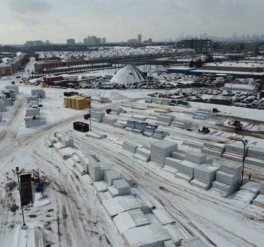Aerial view of the Home Lumber storage yard