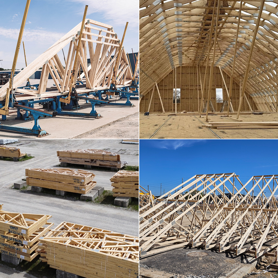 Finished roof trusses on assembly jigs outside the Home Lumber facility